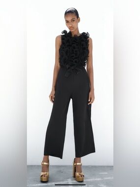 ZARA Sleeveless Black Floral Applique Jumpsuit